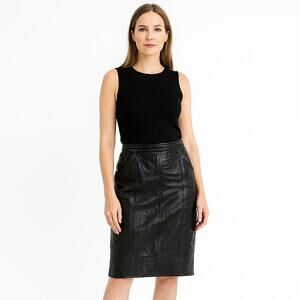 80s Vintage Genuine Black Leather Sexy Vixen knee Length Skirt Size 8
